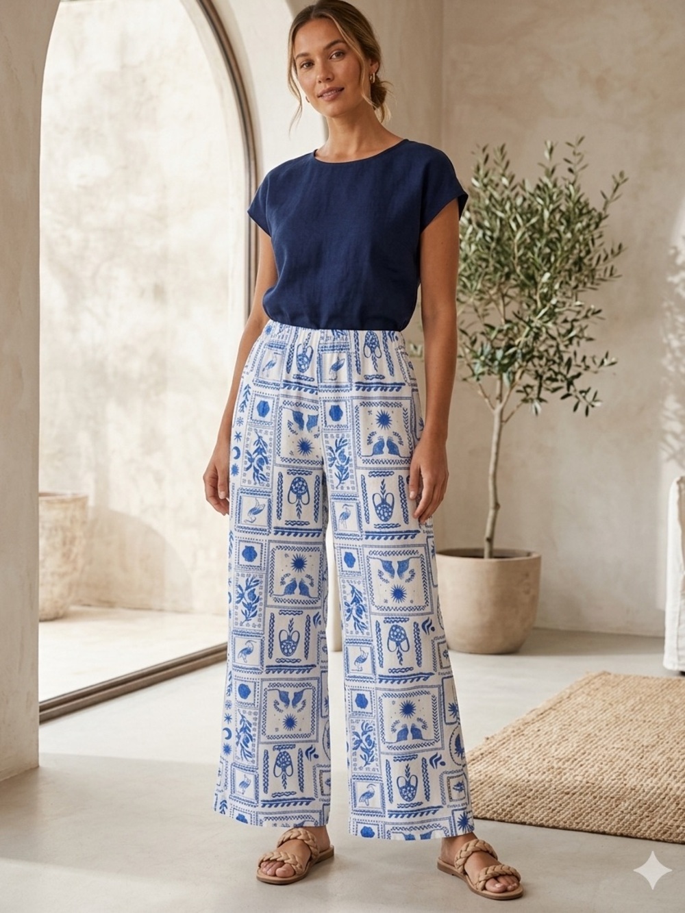 Sincerely Jules Blue/White Coastal Print Linen Blend Wide Leg Pants Boho Beach